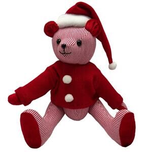 Santa Bear Doll Red & White Stripes Articulated w/ Hat & Removable Sweater